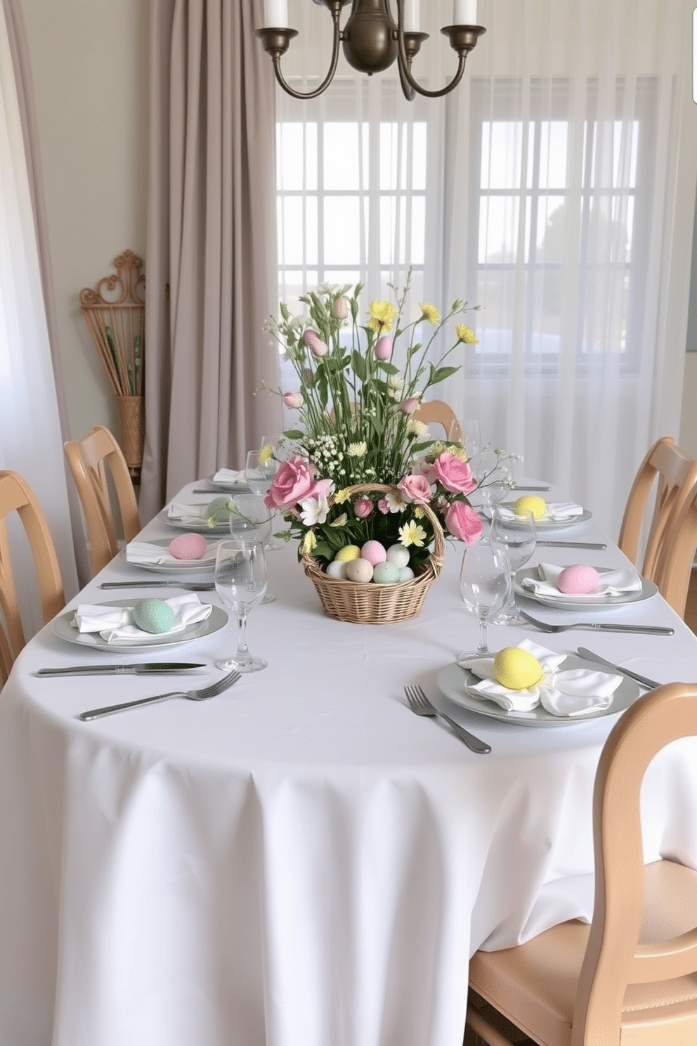 A beautifully set dining table adorned with hand-painted Easter eggs in various pastel colors. The table features a crisp white tablecloth, delicate floral arrangements in soft pinks and yellows, and elegant dinnerware that complements the cheerful decor. Surrounding the table are stylish chairs with light wood finishes, and a charming centerpiece showcasing a basket filled with more hand-painted eggs. Soft, natural light filters through sheer curtains, creating a warm and inviting atmosphere perfect for an Easter gathering.