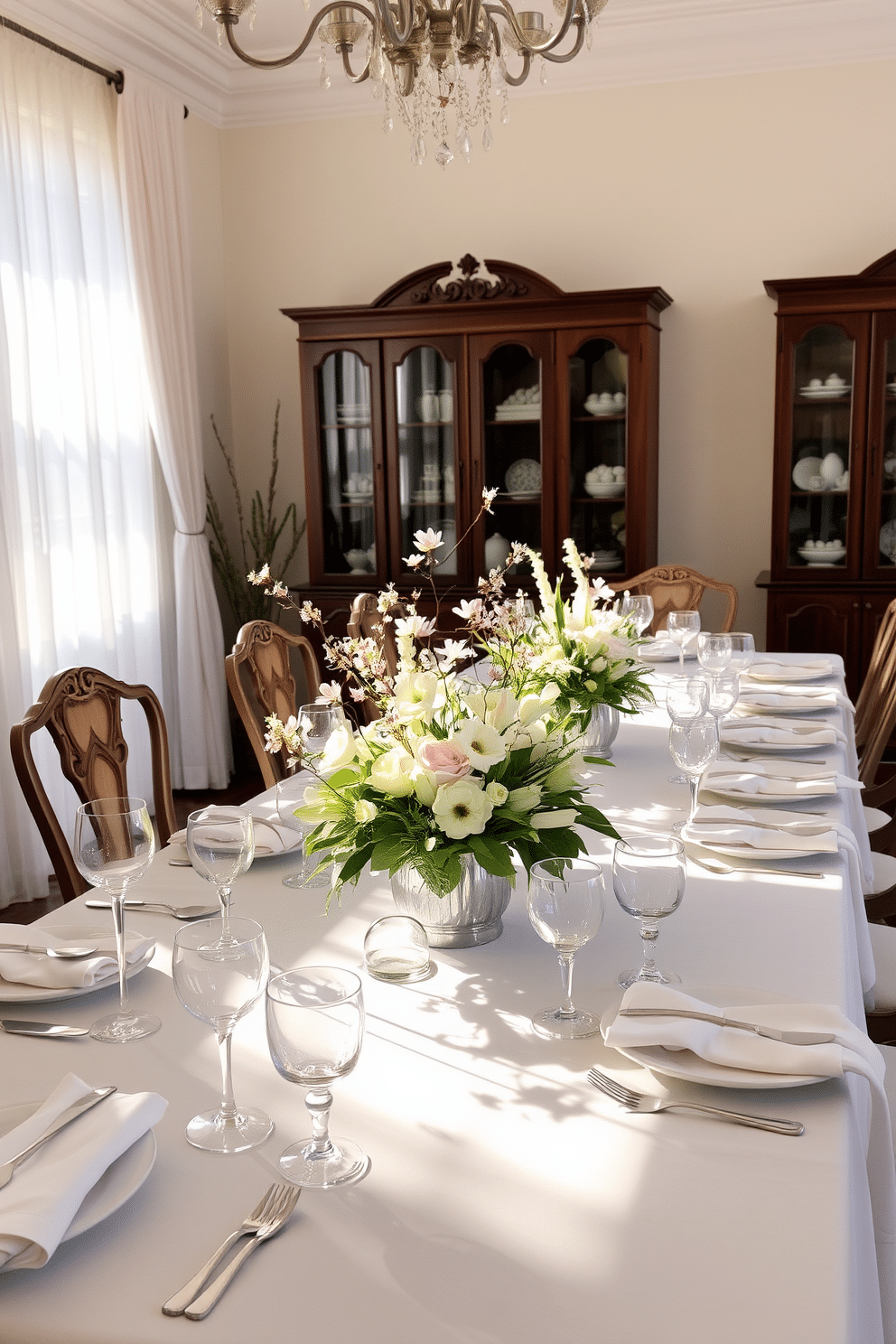 A serene dining room adorned with pastel-colored glassware that catches the light beautifully. The table is set with an elegant white tablecloth, and each place setting features a delicate pastel glass goblet, complemented by matching plates and napkins. Soft floral arrangements in pastel hues are placed at the center, enhancing the festive atmosphere. Light streaming through sheer curtains creates a warm and inviting ambiance, perfect for an Easter gathering.