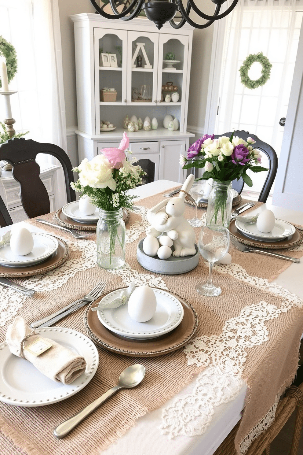 A charming dining room adorned with burlap and lace table settings. The table is draped with a soft burlap runner, layered with delicate lace overlays, creating a rustic yet elegant atmosphere. Each place setting features rustic ceramic plates and vintage silverware, complemented by mason jar glasses filled with fresh flowers. Soft pastel colors dominate the decor, with Easter-themed centerpieces, including decorative eggs and spring blooms, enhancing the festive spirit.