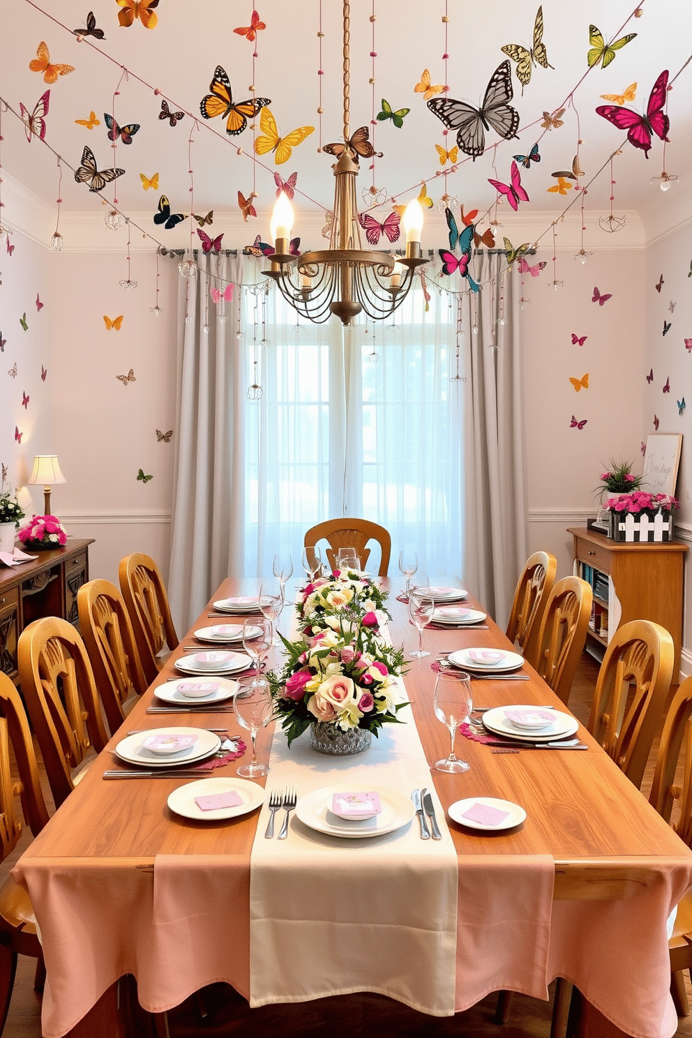 A dining room adorned with butterfly decorations, featuring a large wooden table set for an Easter celebration. Delicate butterfly motifs are painted on the walls, and colorful butterfly garlands hang from the ceiling, creating a whimsical atmosphere. The table is elegantly dressed with a pastel-colored tablecloth, complemented by butterfly-themed dinnerware and floral centerpieces. Soft, natural light filters through sheer curtains, enhancing the cheerful ambiance of the space.