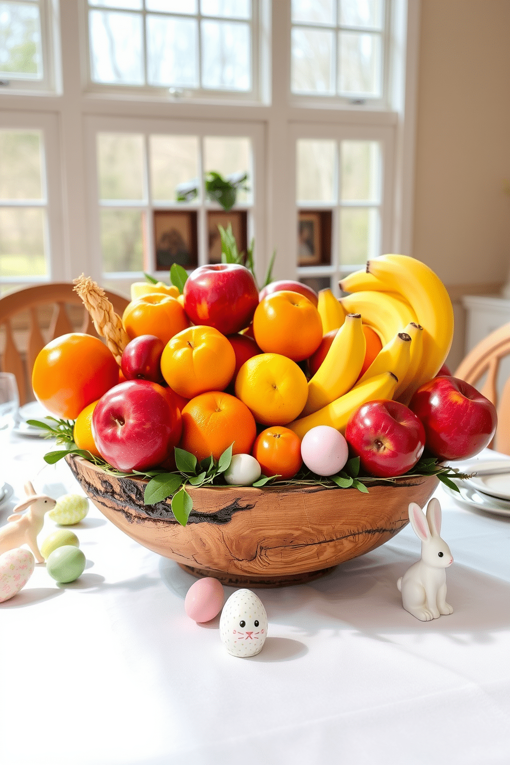 A vibrant centerpiece featuring an assortment of fresh fruits, including bright oranges, glossy apples, and ripe bananas, arranged artfully in a rustic wooden bowl. Surrounding the centerpiece, delicate pastel-colored Easter decorations, such as painted eggs and small bunnies, enhance the festive atmosphere of the dining table. The dining table is adorned with a crisp white tablecloth that contrasts beautifully with the colorful fruits. Soft, natural light filters in through large windows, casting a warm glow over the scene and inviting guests to enjoy a cheerful Easter gathering.