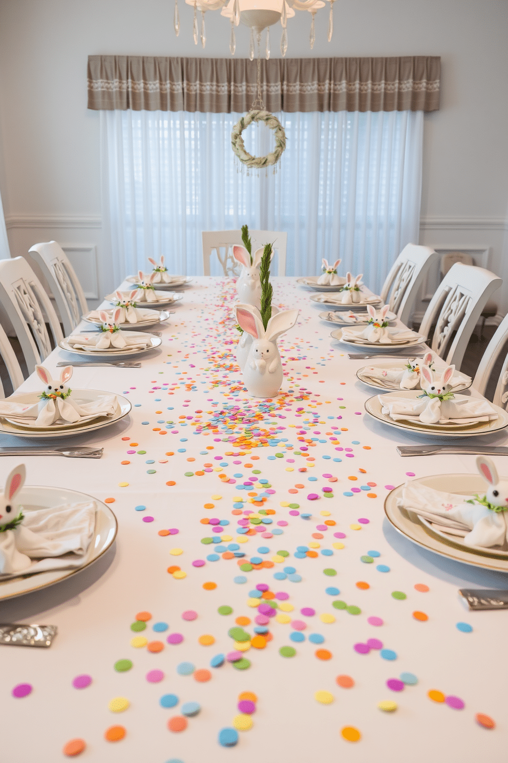 A festive dining table adorned with colorful Easter-themed confetti scattered across a crisp white tablecloth. The table is set with pastel-colored plates, delicate floral napkins, and charming bunny-themed centerpieces, creating a cheerful atmosphere for the holiday gathering.