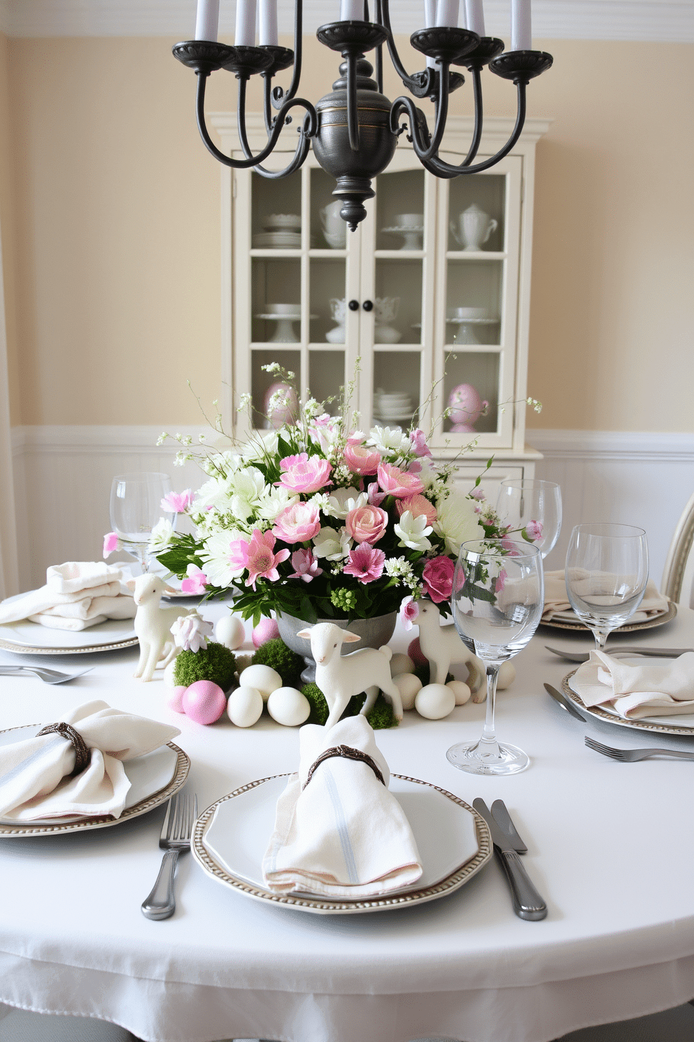 A charming dining room adorned for Easter, featuring a beautifully set table with pastel-colored tableware. Miniature lamb figurines are strategically placed among fresh flowers and decorative eggs, creating a whimsical yet elegant atmosphere. The centerpiece is a lush arrangement of spring blooms, complemented by soft linen napkins and delicate glassware. The walls are painted in a soft, inviting hue, enhancing the festive decor while maintaining a sophisticated feel.