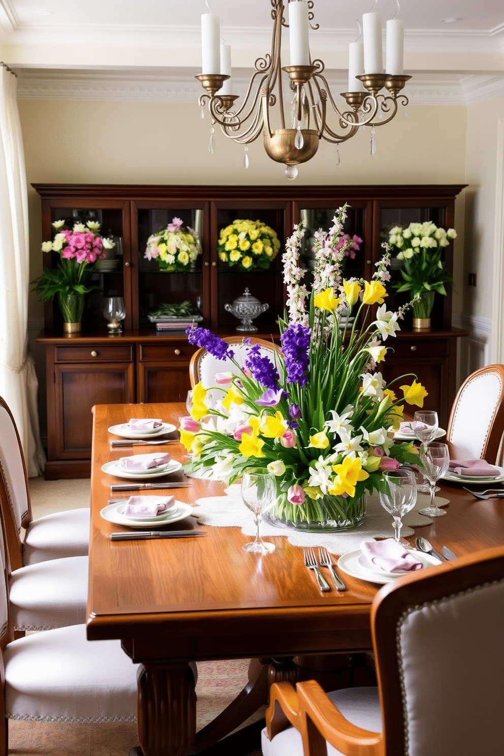 A vibrant dining room setting adorned with cheerful spring flower arrangements. A large wooden dining table is surrounded by elegant upholstered chairs, and a stunning centerpiece features a mix of tulips, daffodils, and hyacinths in pastel hues. The table is set with fine china and crystal glassware, adding a touch of sophistication. Soft, natural light filters through sheer curtains, creating a warm and inviting atmosphere perfect for Easter celebrations.