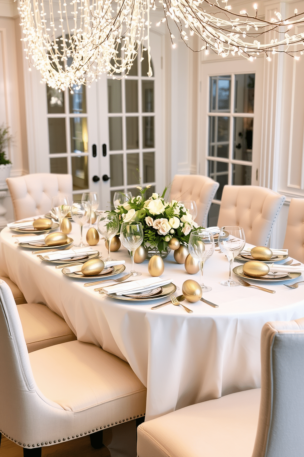 A beautifully set dining table adorned with metallic egg decorations in various shades of gold, silver, and rose gold. The table features a crisp white tablecloth, and each place setting includes elegant dinnerware and sparkling crystal glassware, creating a festive yet sophisticated atmosphere. Surrounding the table, plush upholstered chairs in soft pastel colors complement the metallic accents. A floral centerpiece with spring blooms enhances the overall aesthetic, while delicate string lights above add a warm, inviting glow for the Easter celebration.