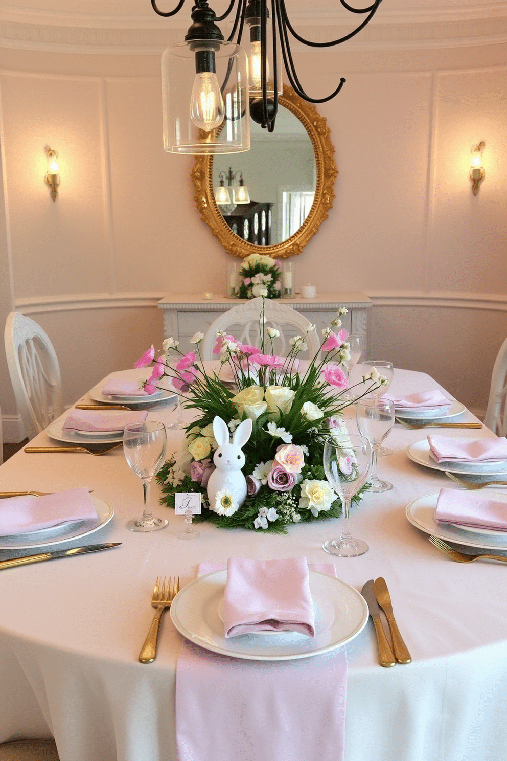 A charming dining room set for an Easter celebration. The table is elegantly adorned with pastel-colored tablecloths and a centerpiece featuring bunny-shaped place card holders, surrounded by fresh spring flowers in soft hues. Each place setting includes delicate china plates and gold utensils, enhancing the festive atmosphere. Soft, ambient lighting from hanging pendant lights casts a warm glow over the scene, creating an inviting and cheerful environment for guests.