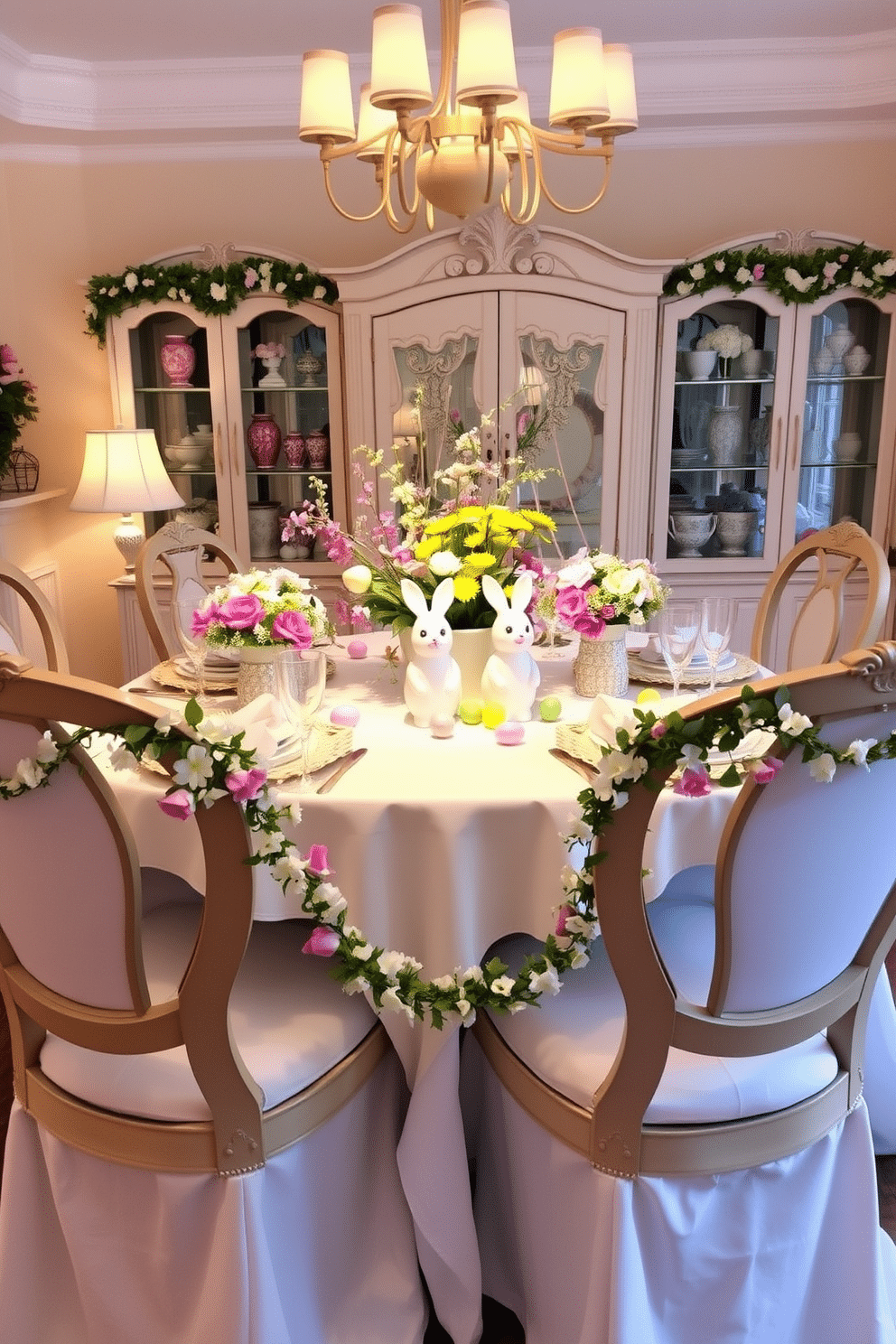 A charming dining room setting adorned with pastel-colored Easter decorations. The centerpiece features a beautifully set table with a white tablecloth, surrounded by elegant chairs, where two whimsical Easter bunny salt and pepper shakers sit playfully among vibrant floral arrangements. Soft, warm lighting casts a cozy glow over the scene, enhancing the festive atmosphere. Delicate garlands of spring flowers drape along the table edges, while colorful eggs are artfully placed around the dining area, creating a joyful and inviting ambiance for holiday gatherings.