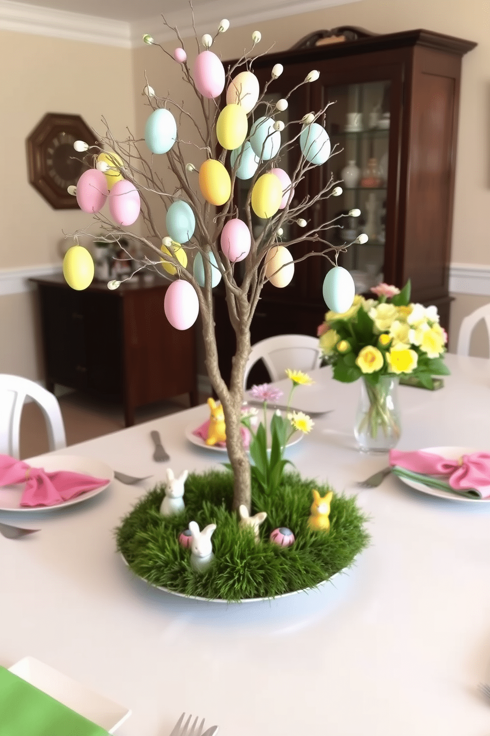 A charming Easter egg tree centerpiece stands tall on the dining table, adorned with pastel-colored eggs delicately hanging from its branches. Surrounding the base, a soft bed of moss complements the vibrant hues, while small decorative bunnies peek out from beneath the greenery. The dining table is set with elegant white dinnerware, accented by colorful napkins that mirror the colors of the eggs. A centerpiece of fresh spring flowers in a vase adds a touch of freshness, enhancing the festive atmosphere for the Easter gathering.