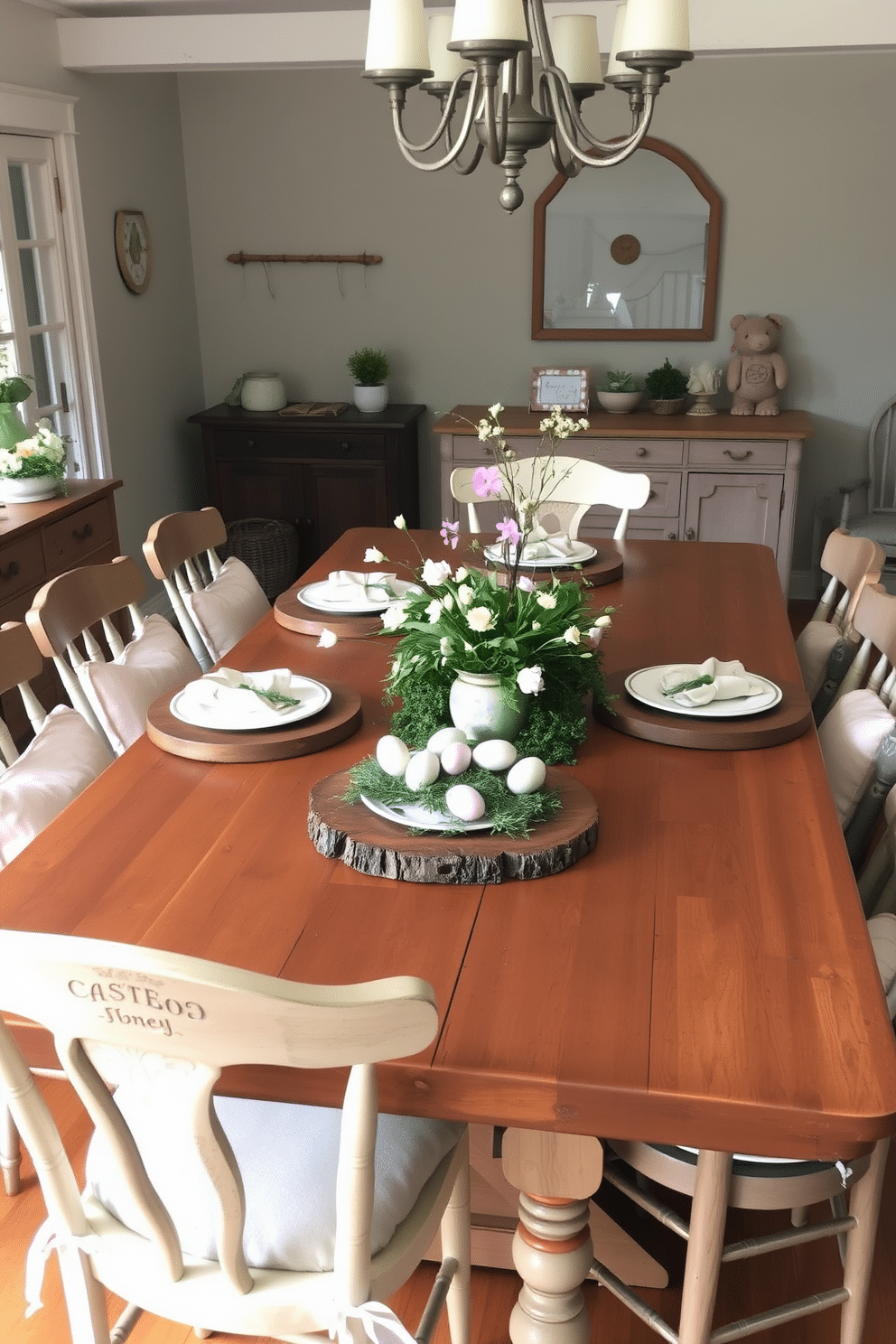 A rustic dining room setting features a large wooden table surrounded by mismatched chairs, each adorned with soft, pastel-colored cushions. On the table, rustic wooden chargers serve as a base for elegant dinnerware, while a centerpiece of fresh spring flowers in a vintage vase adds a touch of seasonal charm. Easter decorations bring a festive spirit to the space, with delicate pastel-colored eggs nestled among greenery on the table. Soft, warm lighting illuminates the room, creating a cozy and inviting atmosphere perfect for family gatherings.