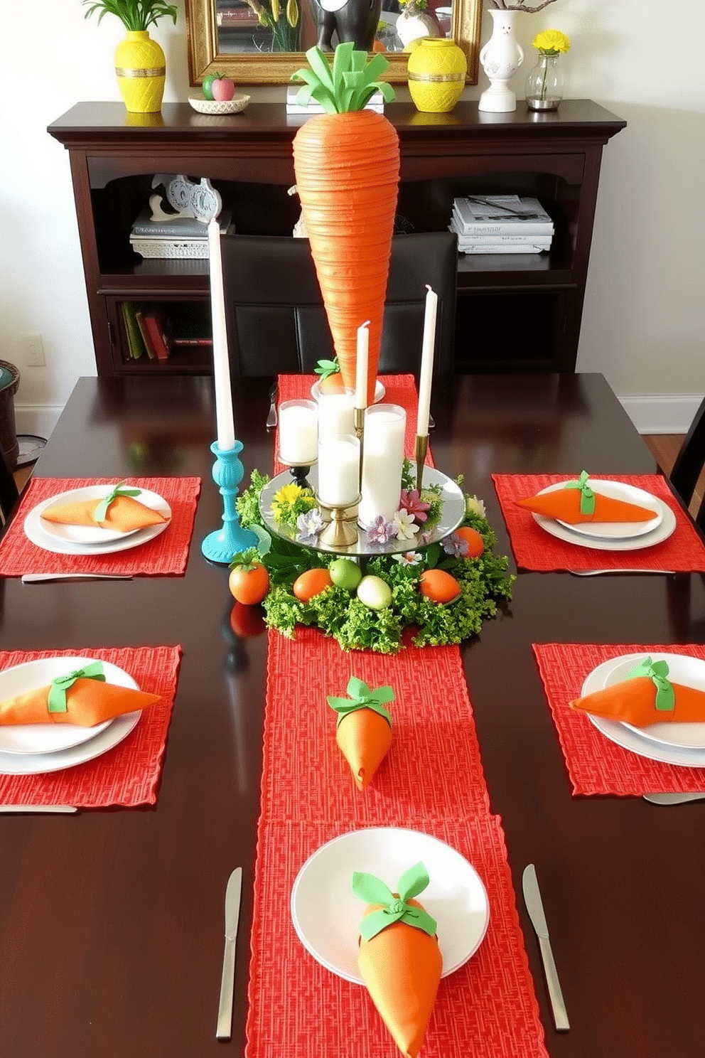 A vibrant dining table adorned with carrot-themed decorations. The centerpiece features a large, decorative carrot arrangement surrounded by smaller carrot-shaped candles and fresh spring flowers. Colorful carrot-themed table runners and placemats add a festive touch to the setting. Each place setting includes whimsical carrot-shaped napkin holders and pastel-colored dinnerware, creating a cheerful atmosphere for Easter celebrations.