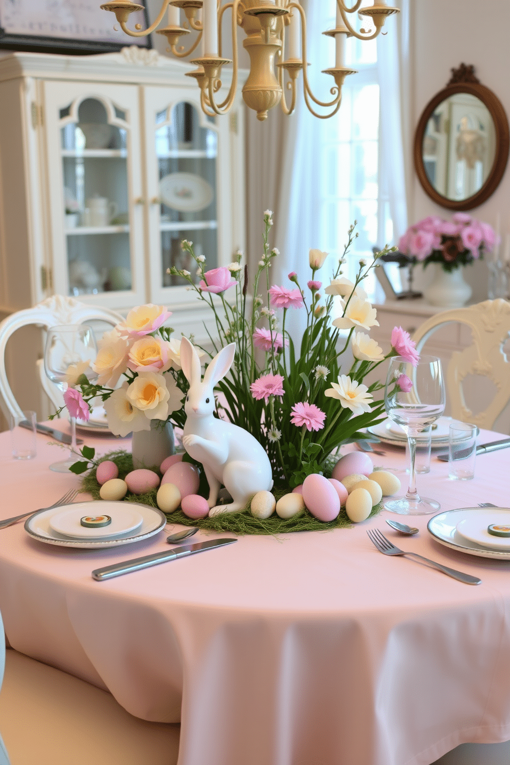 A charming dining room adorned for Easter, featuring a beautifully set table with a pastel tablecloth and elegant dinnerware. Delicate porcelain bunny figurines are strategically placed among fresh spring flowers and pastel-colored eggs, creating a whimsical yet sophisticated atmosphere.