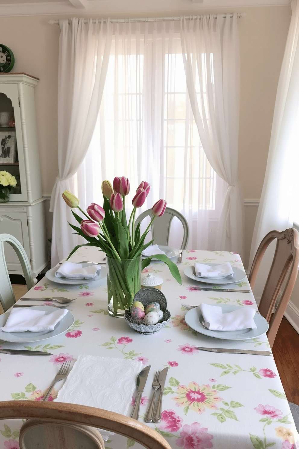 A charming dining room adorned with a spring-themed tablecloth featuring vibrant floral patterns in pastel colors. The table is set with elegant dinnerware, surrounded by mismatched vintage chairs that add character to the festive ambiance. Soft natural light filters through sheer curtains, casting a warm glow over the space. Freshly cut tulips in a glass vase serve as a centerpiece, complemented by decorative Easter eggs nestled among the place settings.