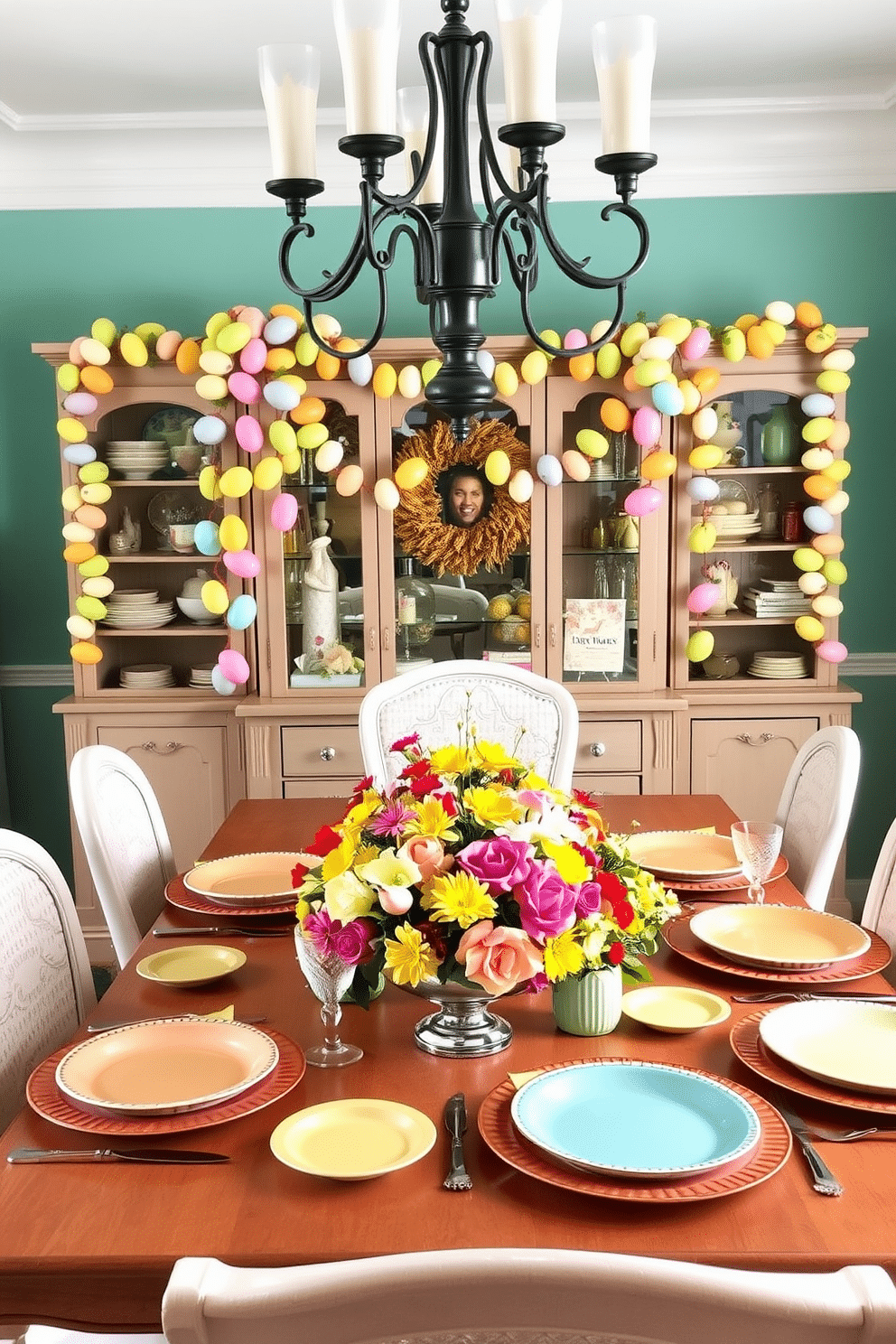 A vibrant dining room adorned with colorful Easter egg garlands draped elegantly across the table. The table is set with pastel-colored plates and cheerful floral centerpieces, creating a festive atmosphere for holiday gatherings.