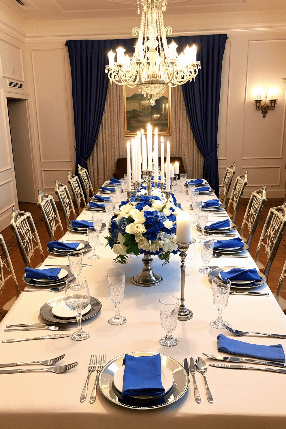 An elegant dining room setting for Hanukkah, featuring a long table draped with a crisp white tablecloth. The table is adorned with blue and silver table settings, including fine china plates, sparkling crystal glasses, and silver cutlery, all arranged meticulously for a festive meal. Above the table, a beautiful chandelier casts a warm glow, enhancing the atmosphere of celebration. Centered on the table is a stunning floral arrangement with blue and white flowers, complemented by silver accents and flickering candles in elegant holders.