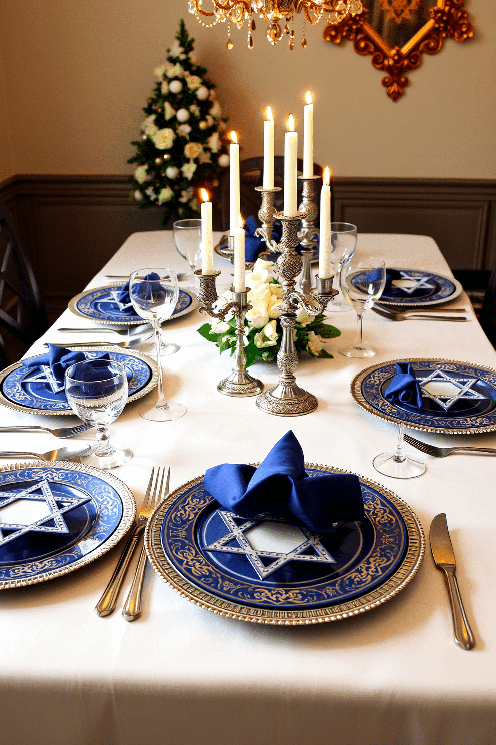 A beautifully set dining table adorned with elegant tableware featuring intricate Star of David motifs in blue and silver. The table is draped with a soft white tablecloth, and flickering candles are placed in ornate holders, enhancing the festive atmosphere for a Hanukkah celebration.