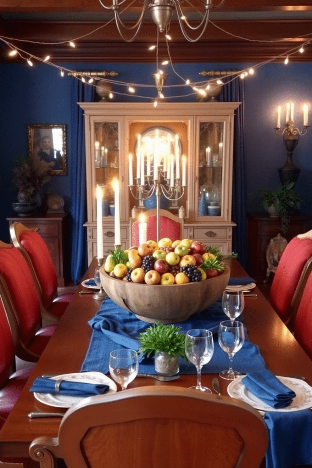 A vibrant dining room adorned with a stunning display of seasonal fruits in a large, rustic wooden bowl at the center of the table. Surrounding the table are elegant chairs upholstered in rich, deep colors that complement the warm glow of candlelight. For Hanukkah, the dining room is beautifully decorated with blue and silver accents, featuring a menorah as the centerpiece. Delicate string lights hang above, casting a soft illumination over a festive table set with fine china and sparkling glassware.