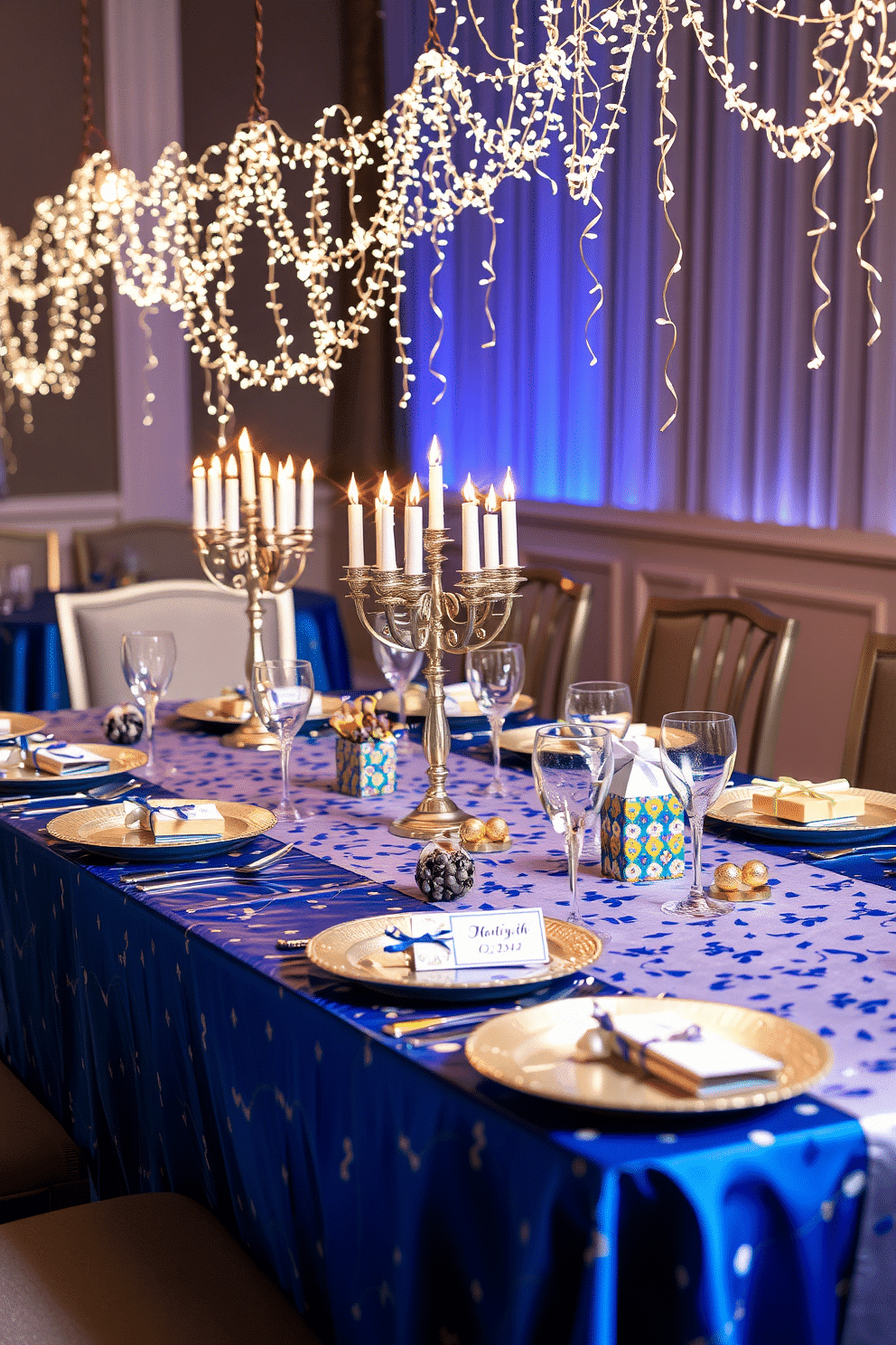 A festive dining table adorned with sparkling confetti creates a joyful atmosphere for Hanukkah celebrations. The table is elegantly set with a beautiful blue and silver tablecloth, complemented by shimmering menorah centerpieces and vibrant holiday-themed dishware. Delicate strands of twinkling lights are draped above the table, casting a warm glow over the festive setting. Each place setting features unique decorative elements, such as personalized name cards and small gift boxes, adding a thoughtful touch to the celebration.