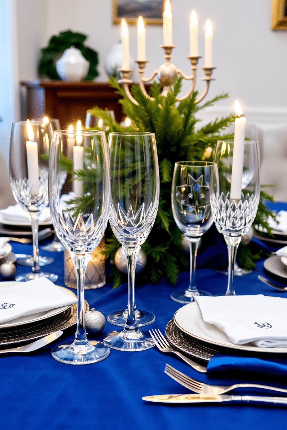 A beautifully set dining table adorned with elegant crystal glassware for toasting. The glassware glimmers under soft candlelight, surrounded by festive decorations that celebrate the warmth of Hanukkah. The dining table is draped with a rich blue tablecloth, accented by silver and white decorative elements. A centerpiece of fresh greenery and menorah adds a touch of tradition, enhancing the celebratory atmosphere.