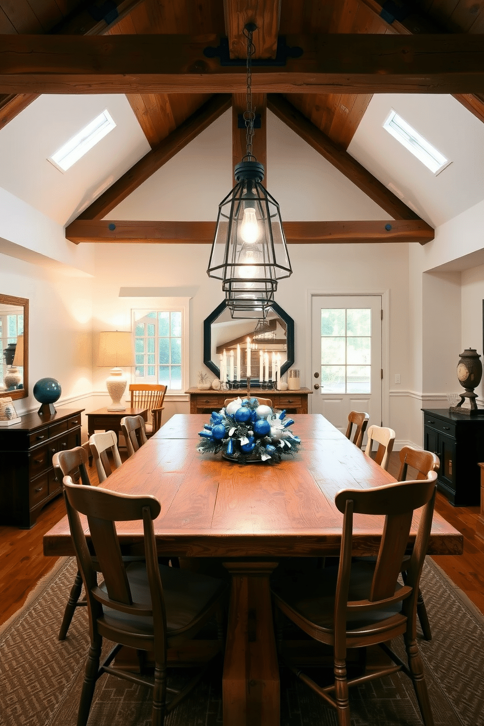 A cozy dining room featuring rustic wooden beams on the ceiling and a large reclaimed wood dining table surrounded by mismatched chairs. Soft, ambient lighting from vintage pendant lamps creates an inviting atmosphere, while a festive Hanukkah centerpiece adorned with blue and silver decorations adds a seasonal touch.