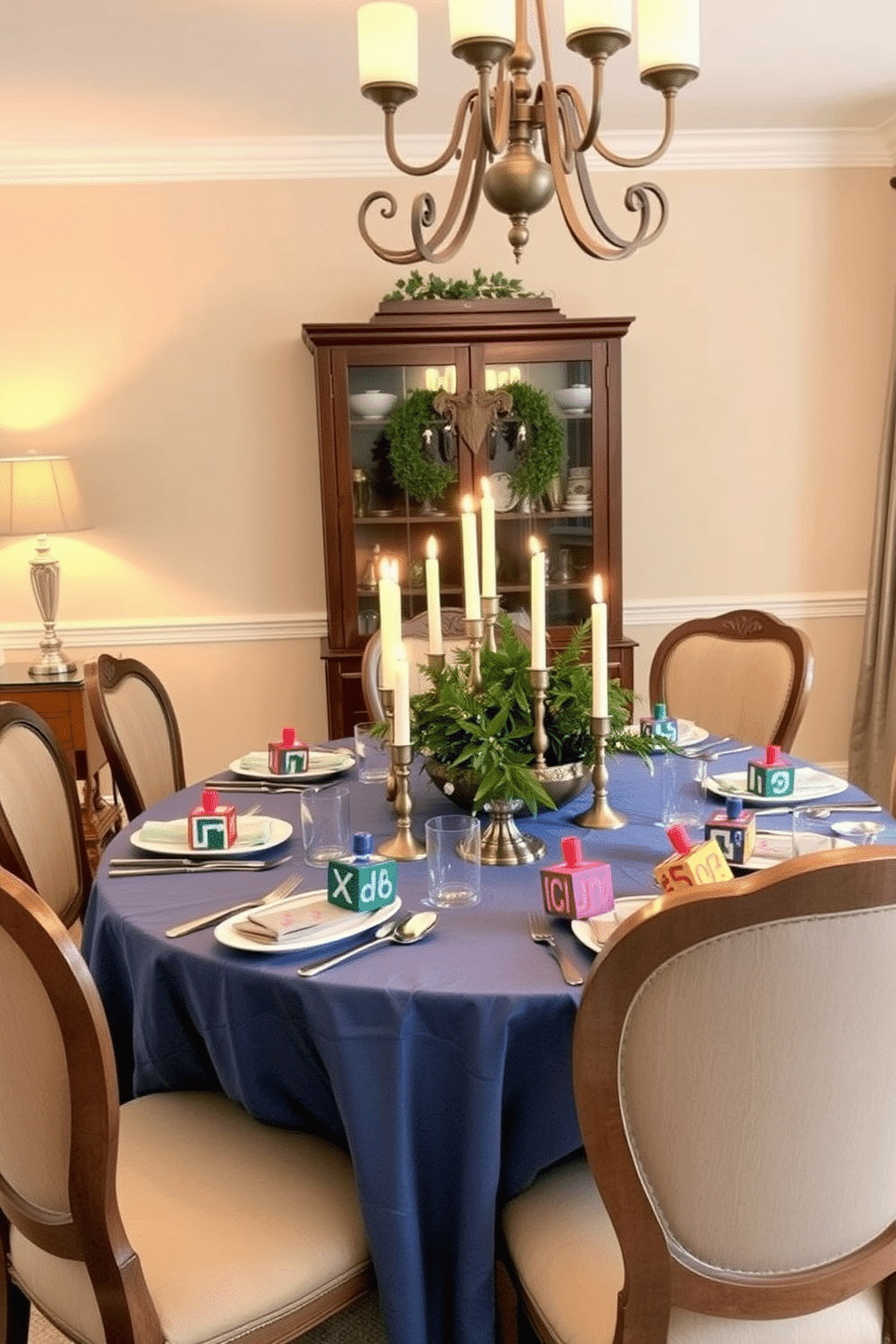 A festive dining room setting for Hanukkah, featuring a beautifully set table adorned with DIY painted dreidels as table decor. The table is draped with a blue tablecloth, and each dreidel is uniquely designed with vibrant colors and patterns, adding a personal touch to the celebration. Soft, warm lighting illuminates the space, creating a cozy atmosphere for family gatherings. Surrounding the table are elegant chairs, and a centerpiece of seasonal greenery and candles enhances the festive spirit.