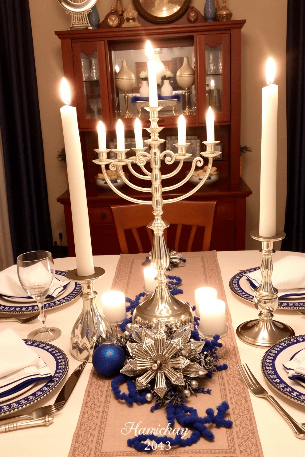 A beautifully set dining table features a stunning menorah as the centerpiece, surrounded by elegant dinnerware and soft candlelight. The table is adorned with festive decorations, including blue and silver accents, and a tasteful runner that complements the Hanukkah theme.