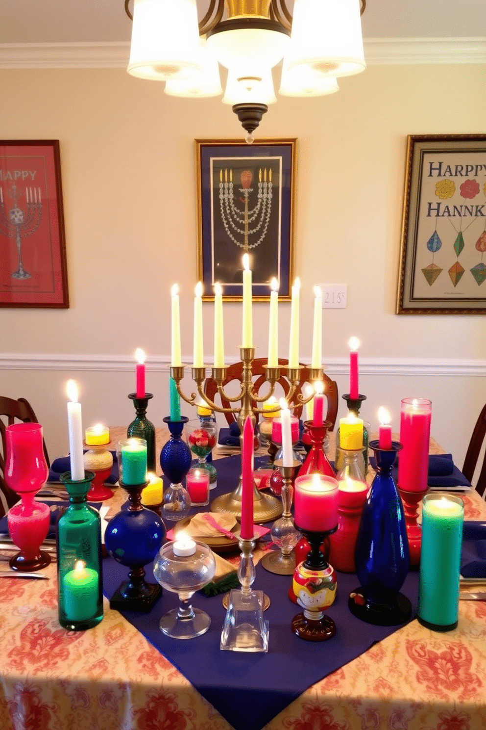 A vibrant dining room setting adorned with colorful candles in unique holders. The table is elegantly set with a festive tablecloth, and the candles are arranged in a mix of geometric and organic holders, casting a warm glow over the space. The walls are decorated with tasteful Hanukkah-themed artwork, adding a cheerful touch to the atmosphere. A beautiful menorah stands proudly at the center of the table, surrounded by decorative elements that celebrate the holiday spirit.