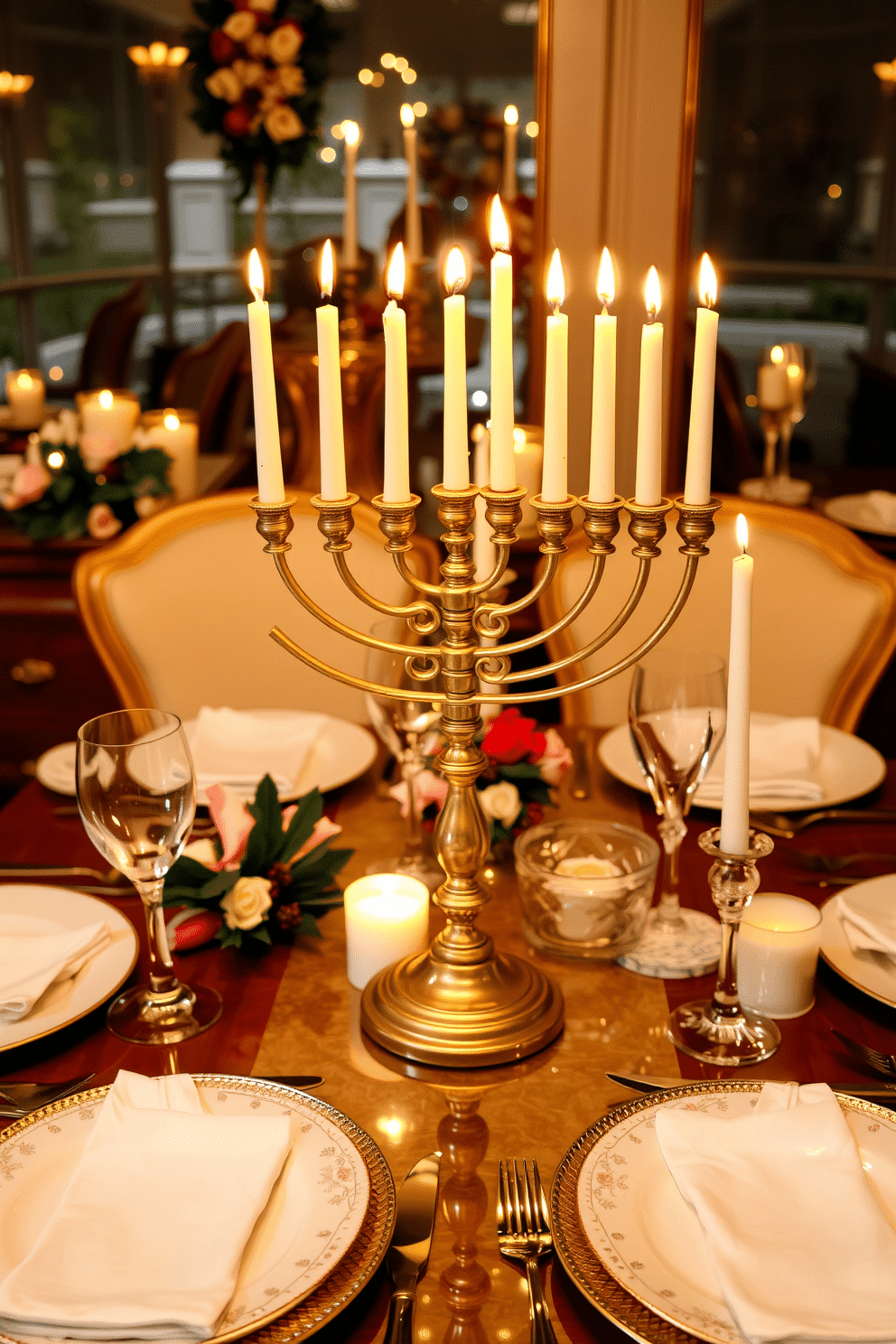 An artistic menorah is displayed prominently on a beautifully set dining table, surrounded by elegant dinnerware and festive decorations. The warm glow of candlelight reflects off the polished surfaces, creating a cozy and inviting atmosphere for the Hanukkah celebration.