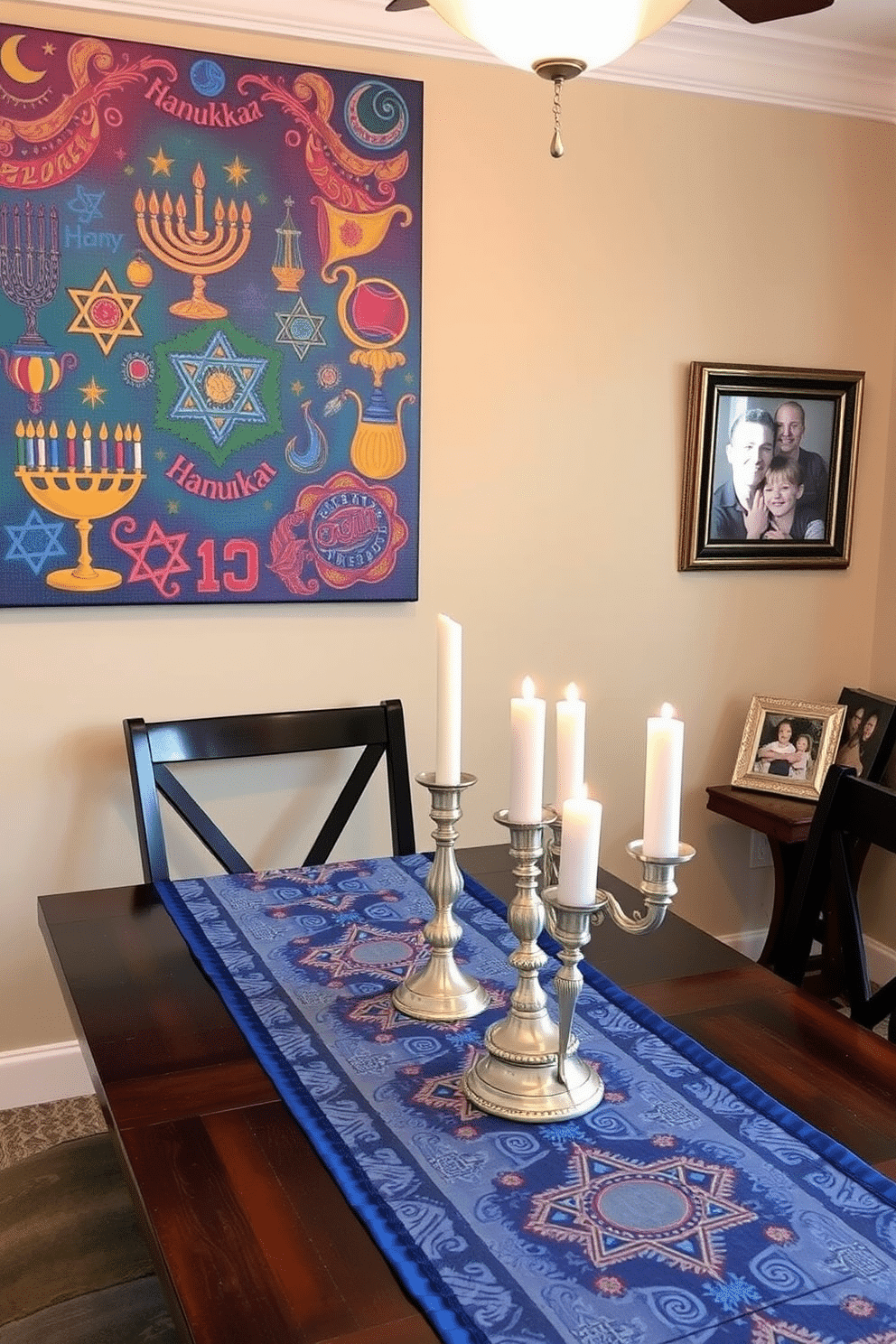 Festive wall art featuring vibrant colors and intricate designs that celebrate the spirit of Hanukkah. The artwork includes symbols such as menorahs, dreidels, and Star of David, creating a joyful and inviting atmosphere in the dining room. Incorporate decorative elements like blue and silver table runners, along with elegant candle holders, to complement the wall art. Add personal touches such as family photos in festive frames to enhance the warmth and celebration of the holiday season.