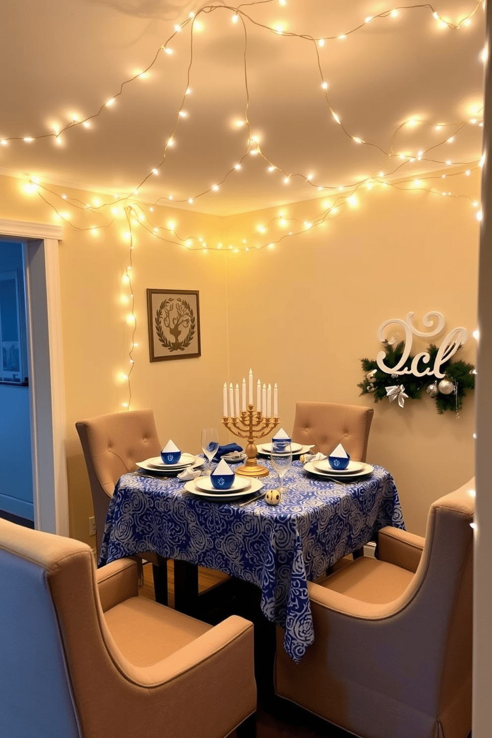 A cozy dining room adorned with creative lighting, featuring warm string lights draped elegantly across the ceiling. The table is set for a festive Hanukkah dinner, with a beautiful blue and white tablecloth, menorah centerpiece, and decorative dreidels scattered around. The walls are painted in a soft cream color, creating a warm ambiance that complements the twinkling lights. Plush chairs surround the table, and a festive garland of greenery and silver accents adds a touch of holiday cheer to the space.