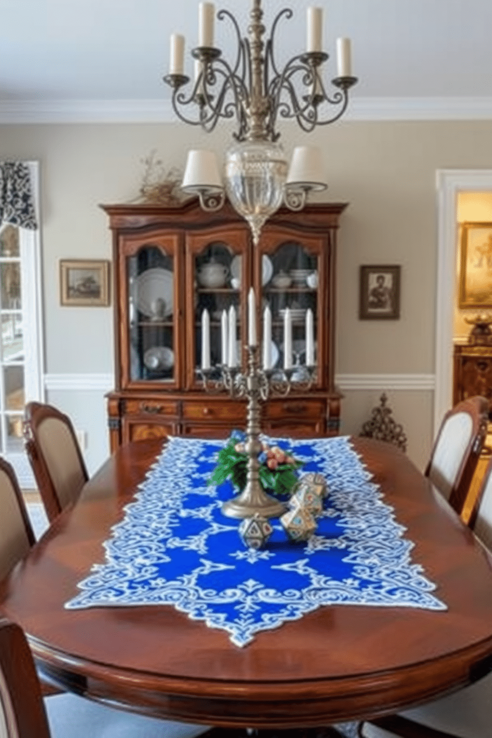 A warm and inviting dining room that showcases family heirlooms prominently. A beautifully crafted wooden dining table is surrounded by elegant upholstered chairs, with a vintage china cabinet displaying cherished heirlooms, such as ornate dishes and silverware. For Hanukkah, the room is adorned with tasteful decorations, including a vibrant blue and white table runner. A stunning menorah takes center stage on the table, surrounded by festive candles and small decorative dreidels, creating a joyful atmosphere for family gatherings.