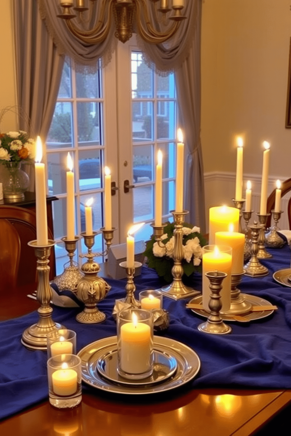 A cozy dining room is adorned with elegant candle arrangements that evoke the warmth of seasonal scents. Soft golden light flickers from various candles placed on a beautifully set table, surrounded by festive decorations that celebrate the spirit of Hanukkah. The table is draped with a rich blue tablecloth, complemented by silver and white accents that reflect the holiday's colors. Menorahs and decorative dreidels are artfully arranged alongside the candles, creating a welcoming atmosphere for family gatherings.