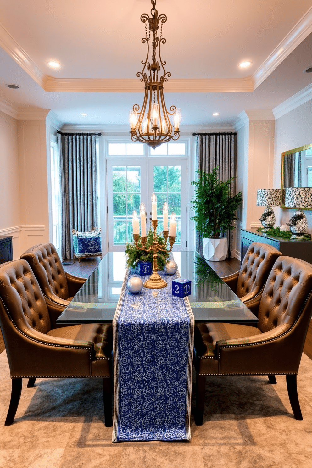 A dining room that seamlessly blends modern and traditional styles. The centerpiece is a sleek, glass table surrounded by upholstered chairs with classic tufting, while an ornate chandelier hangs above, adding a touch of elegance. For Hanukkah, the table is adorned with a beautiful blue and silver table runner, featuring decorative menorahs and stylish dreidels. Soft, warm lighting creates an inviting atmosphere, complemented by festive centerpieces of fresh greenery and candles.