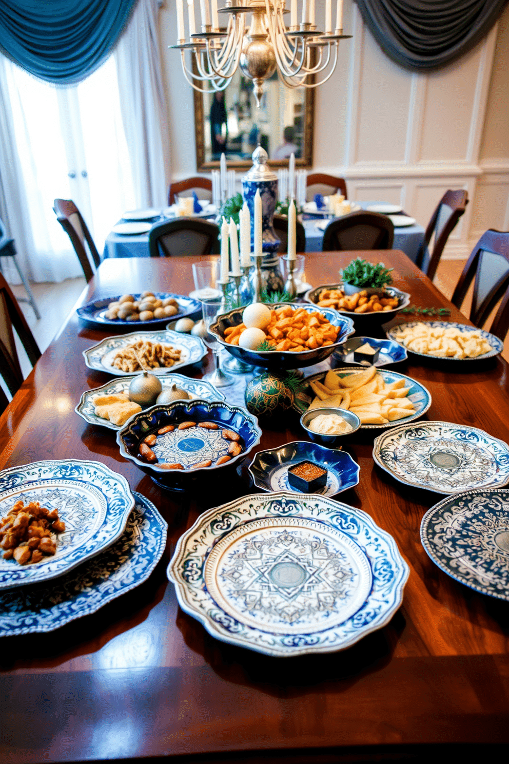 A collection of unique serving platters elegantly arranged on a polished wooden dining table, showcasing an array of festive foods. Each platter features intricate designs, with a mix of vibrant colors and textures that enhance the visual appeal of the meal. A beautifully decorated dining room for Hanukkah, featuring a large table set with a blue and silver theme. The table is adorned with menorahs, dreidels, and festive centerpieces, complemented by soft lighting that creates a warm and inviting atmosphere.