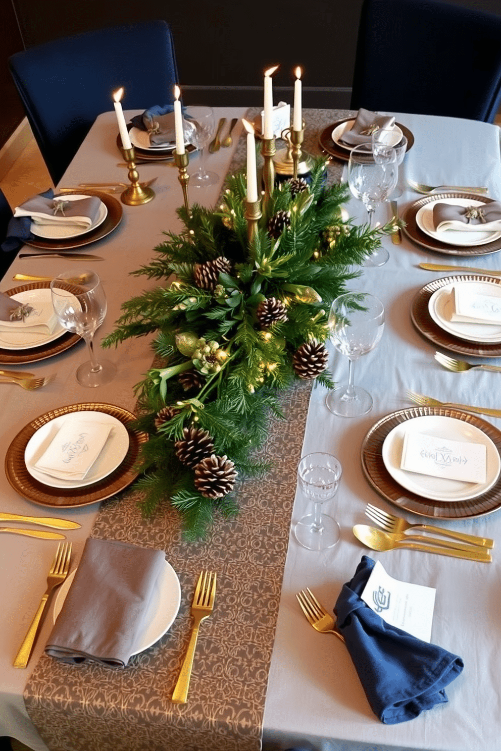 A beautifully set dining table adorned with layered textures, featuring a soft linen tablecloth in a muted blue shade topped with a rich, patterned runner. Elegant place settings include fine china, sparkling glassware, and gold-accented cutlery, all complemented by seasonal decorations like menorahs and candles. The centerpiece showcases a stunning arrangement of greenery, pinecones, and twinkling fairy lights, creating a warm and inviting atmosphere. Surrounding the table, upholstered chairs in deep navy provide comfort and style, while festive touches like decorative napkins and personalized place cards add a special touch for Hanukkah celebrations.