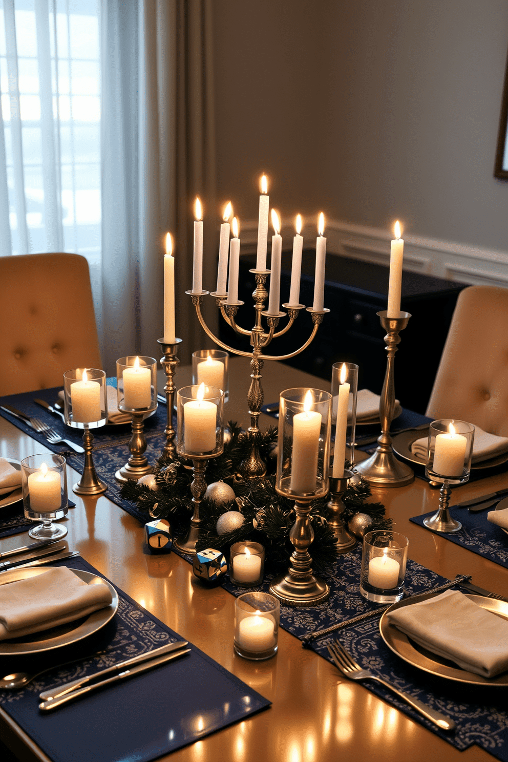 A beautifully set dining table adorned with candles of varied heights, casting a warm, inviting glow across the room. The candles are arranged in elegant holders, surrounded by festive Hanukkah decorations like blue and silver table runners, and decorative dreidels. The centerpiece features a stunning menorah, with its candles lit, creating a focal point that enhances the ambiance. Soft, plush seating complements the table setting, inviting guests to gather and celebrate the holiday spirit.