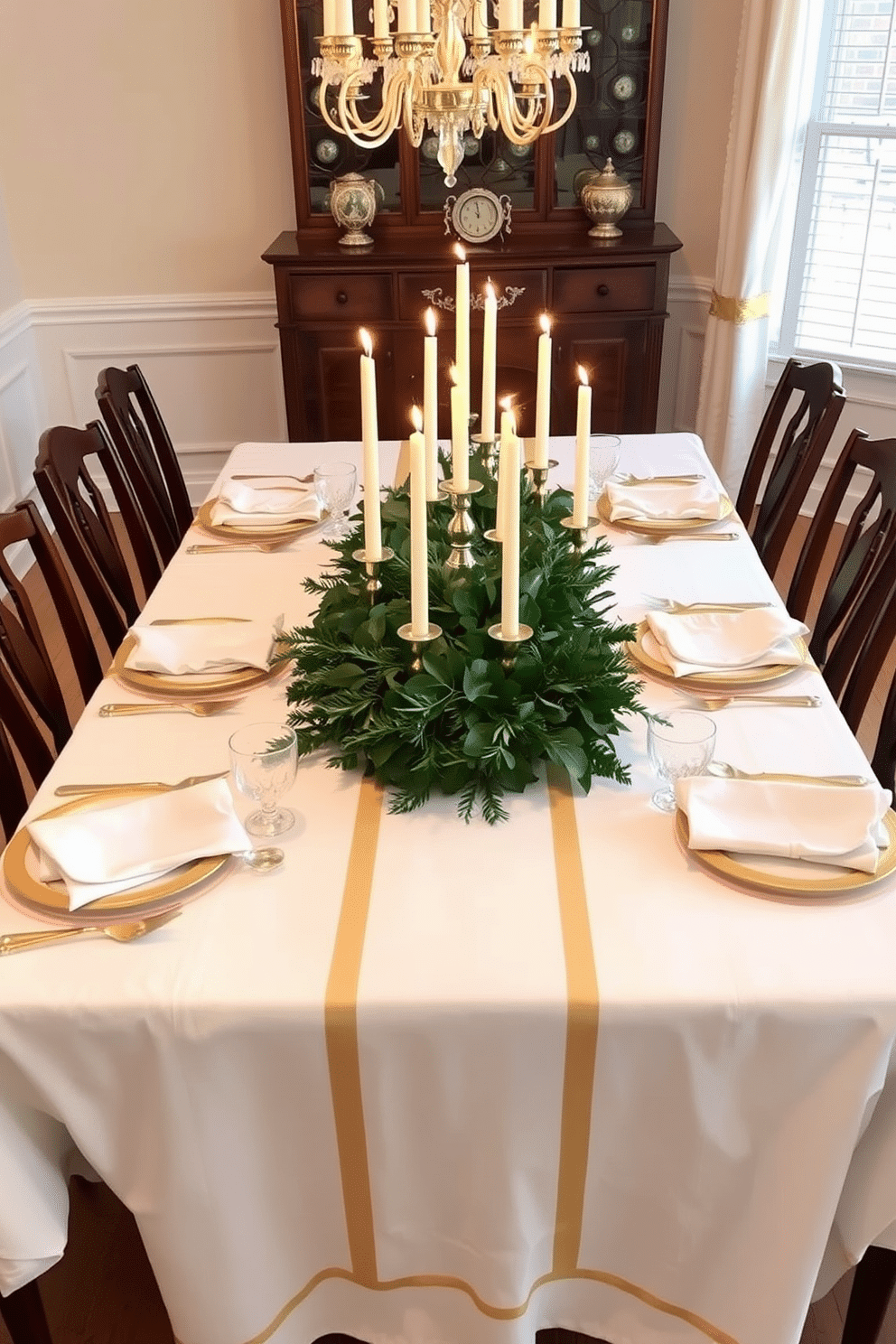 A beautifully set dining table adorned with traditional white linens featuring elegant gold accents. The table is surrounded by classic wooden chairs, and a stunning centerpiece of candles and greenery adds a festive touch for Hanukkah celebrations.