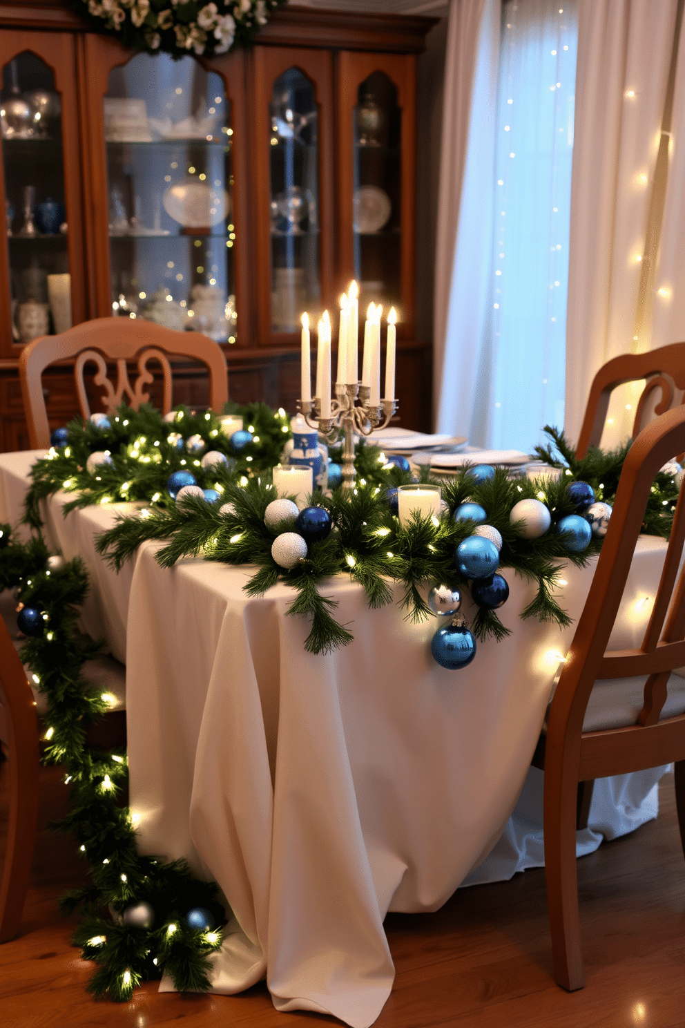 A festive dining room setting adorned with a beautiful garland draped elegantly along the table. The garland is decorated with blue and silver ornaments, interspersed with twinkling fairy lights to create a warm, inviting atmosphere for Hanukkah celebrations.