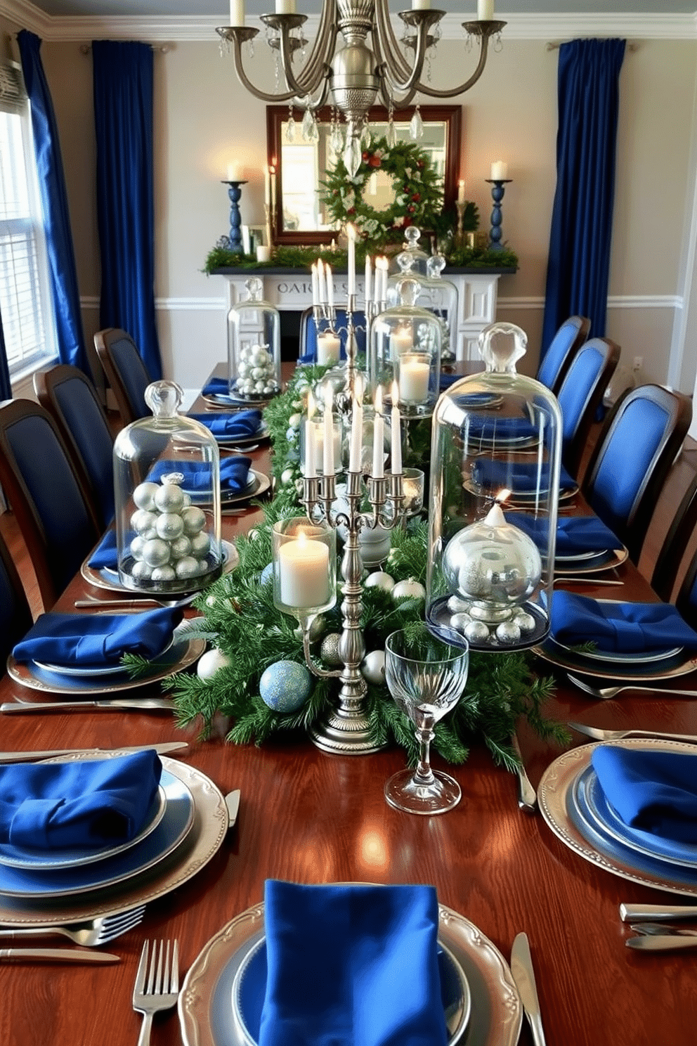 A festive dining room adorned for Hanukkah features a long wooden table set with elegant blue and silver tableware. Glass cloches filled with shimmering ornaments, menorahs, and seasonal greenery are placed as centerpieces, adding a touch of sophistication to the holiday decor.