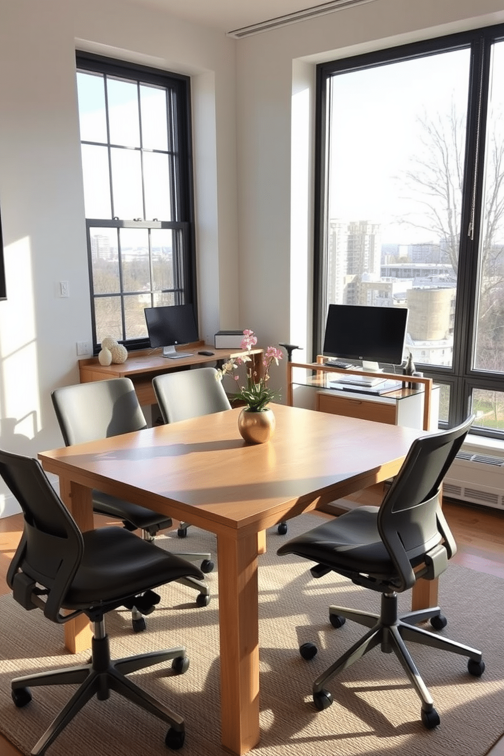 A light wood table is the centerpiece of a stylish dining room office combo, surrounded by ergonomic chairs that provide comfort and support. The space features large windows that allow natural light to flood in, enhancing the warm tones of the wood and creating an inviting atmosphere for both dining and work.