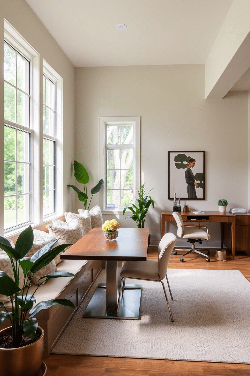 A cozy nook featuring a built-in banquette with plush cushions and a wooden table, surrounded by large windows that let in ample natural light. The walls are adorned with soft, neutral tones, and potted plants add a touch of greenery to the space. An elegant dining room office combo that seamlessly blends functionality with style. A sleek dining table is paired with modern chairs, while a stylish desk with a comfortable chair is positioned nearby, creating an inviting atmosphere for both meals and work.