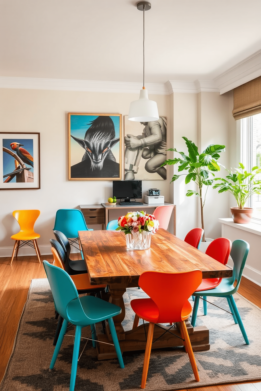 A vibrant dining room featuring an eclectic mix of dining chairs in various colors and styles, creating a playful and inviting atmosphere. The table is a rustic wooden piece set against a backdrop of soft, neutral walls adorned with contemporary art. An innovative dining room office combo that seamlessly integrates a stylish workspace with a cozy dining area. The desk is elegantly positioned near a large window, surrounded by greenery, while the dining table is adorned with a chic centerpiece, blending functionality with aesthetic appeal.