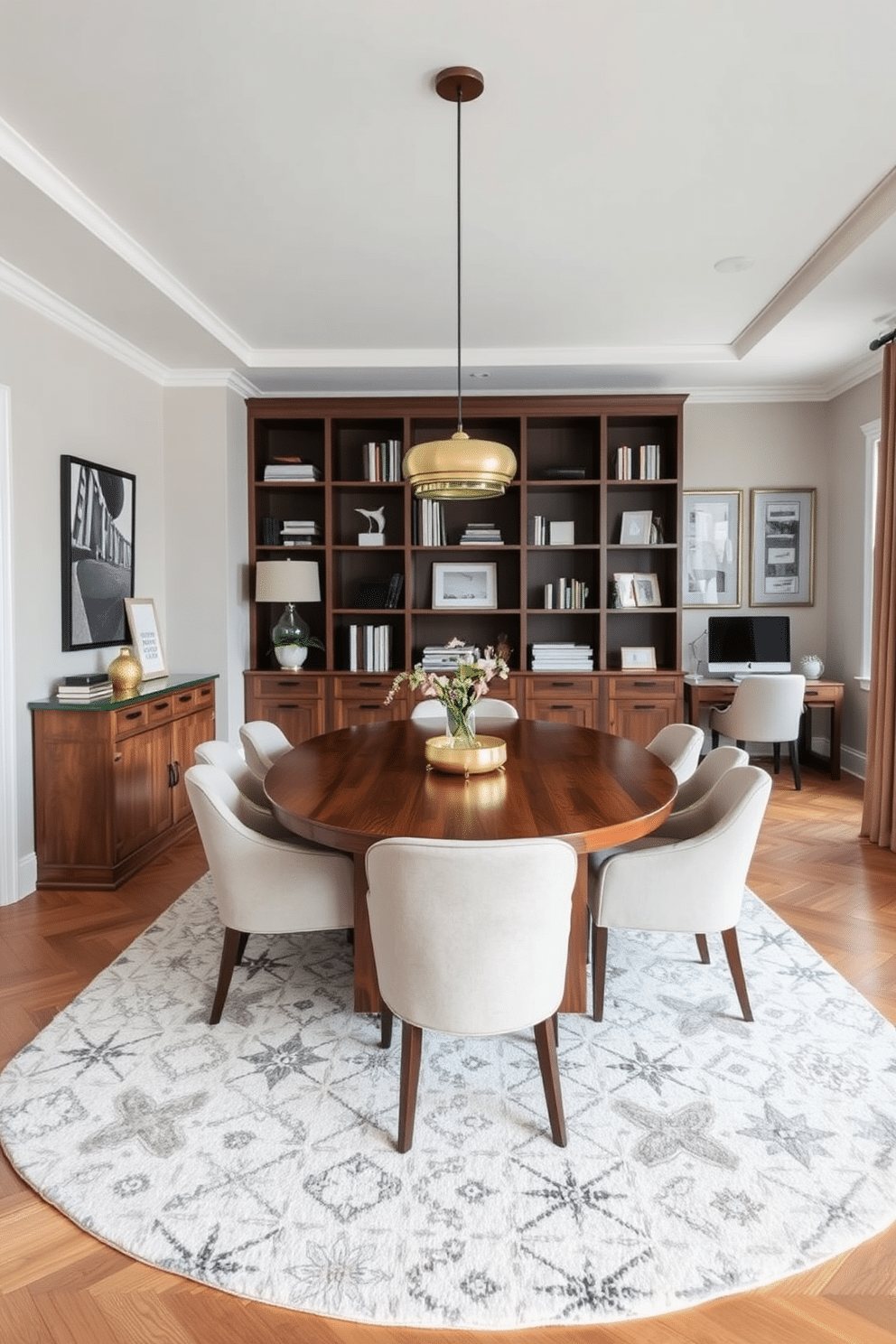 A stylish dining room office combo features a large, oval wooden dining table surrounded by upholstered chairs in a soft, neutral fabric. A plush area rug in a geometric pattern anchors the space, creating a clear separation between the dining area and the office section. In the office area, a sleek, modern desk complements the dining table, positioned near a window for natural light. A stylish bookshelf filled with curated decor and books adds personality, while a contemporary pendant light hangs above the dining table, enhancing the overall ambiance.