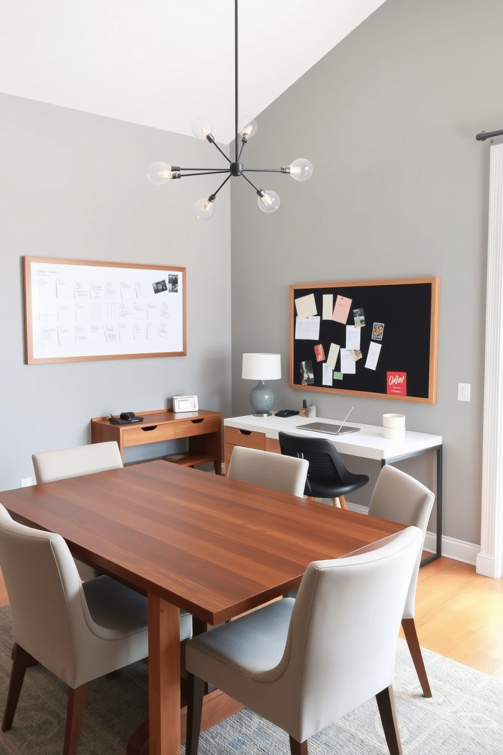 A stylish dining room office combo that maximizes space and functionality. The room features a sleek wooden dining table surrounded by upholstered chairs, with a modern desk positioned against the wall for work. A large bulletin board is mounted above the desk, providing an organized space for notes and inspiration. The walls are painted a soft gray, complemented by warm wood accents and a statement light fixture overhead.