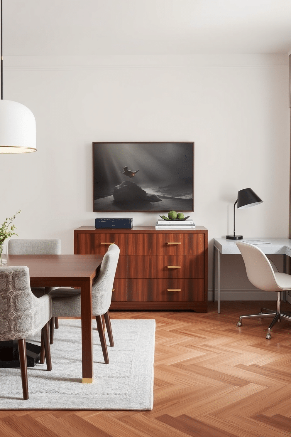 A stylish sideboard serves as a functional yet elegant storage solution in a combined dining room and office space. The sideboard, crafted from rich wood with sleek brass handles, complements a modern dining table surrounded by upholstered chairs, creating a harmonious blend of aesthetics. In the corner of the room, a chic desk with a minimalistic design is paired with a comfortable chair, ensuring a productive workspace. Soft lighting from a contemporary pendant fixture above the dining table enhances the inviting atmosphere, making the area perfect for both dining and working.