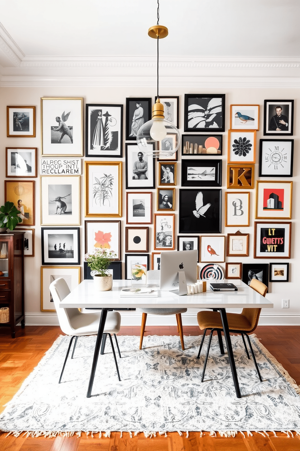 A gallery wall filled with an eclectic mix of framed art pieces and photographs creates a vibrant focal point in the room. The wall features a variety of styles, including abstract paintings, black-and-white photography, and colorful prints, arranged in a harmonious layout. The dining room office combo showcases a stylish table that serves as both a workspace and a dining area. Elegant pendant lights hang above the table, while a cozy rug anchors the space, blending functionality with aesthetic appeal.