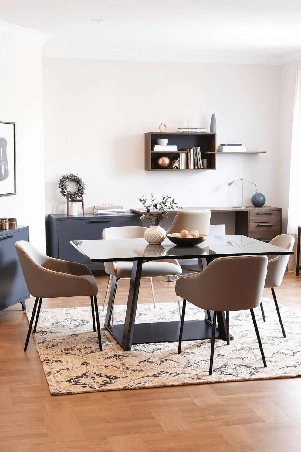 A stylish dining room office combo featuring a foldable table that seamlessly integrates into the space for added flexibility. The room showcases a modern aesthetic with a sleek dining table that can be expanded when needed, surrounded by elegant chairs that complement the decor. The walls are adorned with soft, neutral tones, enhancing the airy feel of the room. A cozy area rug anchors the space, while a wall-mounted shelf displays decorative items and books, creating a functional yet inviting atmosphere.