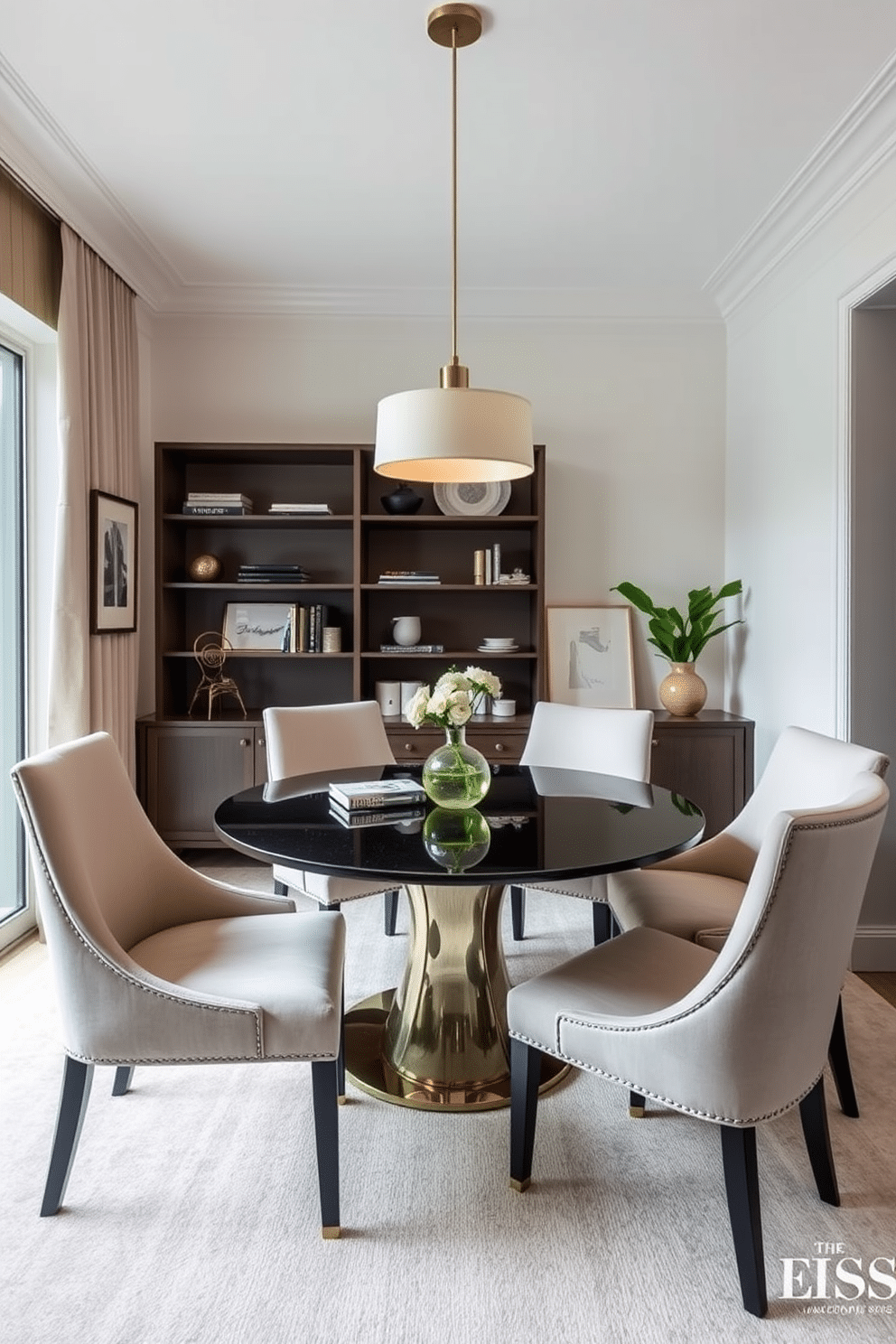 A stylish dining room office combo featuring a round table that maximizes space efficiency. The table is surrounded by elegant upholstered chairs, creating a comfortable setting for both meals and work. In the background, a sleek bookshelf showcases decorative items and books, while a modern pendant light hangs above the table, adding warmth. The walls are painted in a soft neutral tone, complemented by a large window that allows natural light to flood the space.