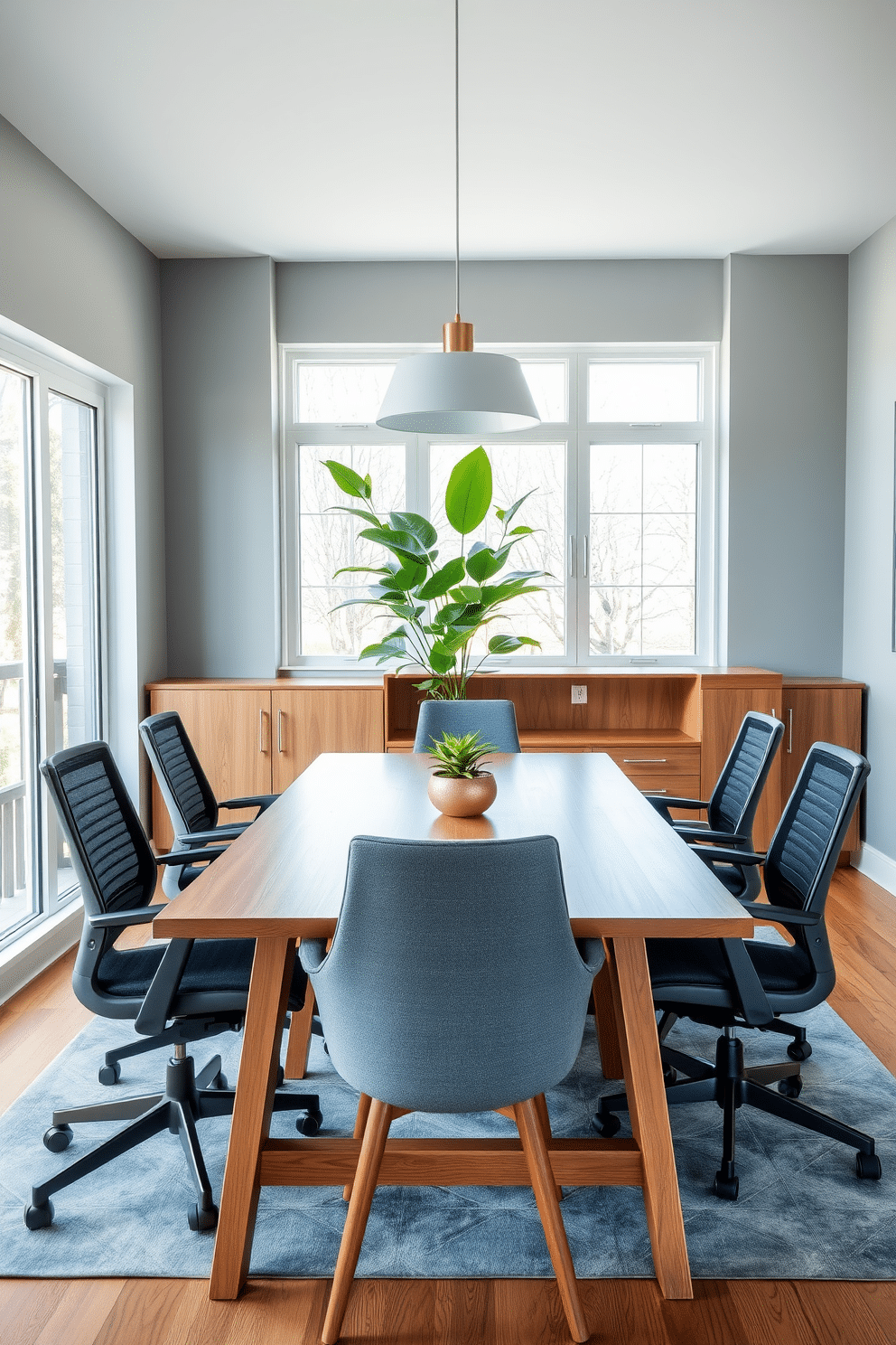 A modern dining room office combo features a sleek wooden table surrounded by ergonomic chairs, creating a functional yet stylish workspace. The color palette includes calming shades of blue and gray, complemented by warm wooden accents that inspire focus and productivity. The walls are painted in a soft dove gray, providing a neutral backdrop that enhances the natural light streaming through large windows. A statement pendant light hangs above the table, while a lush indoor plant adds a touch of greenery and vitality to the space.