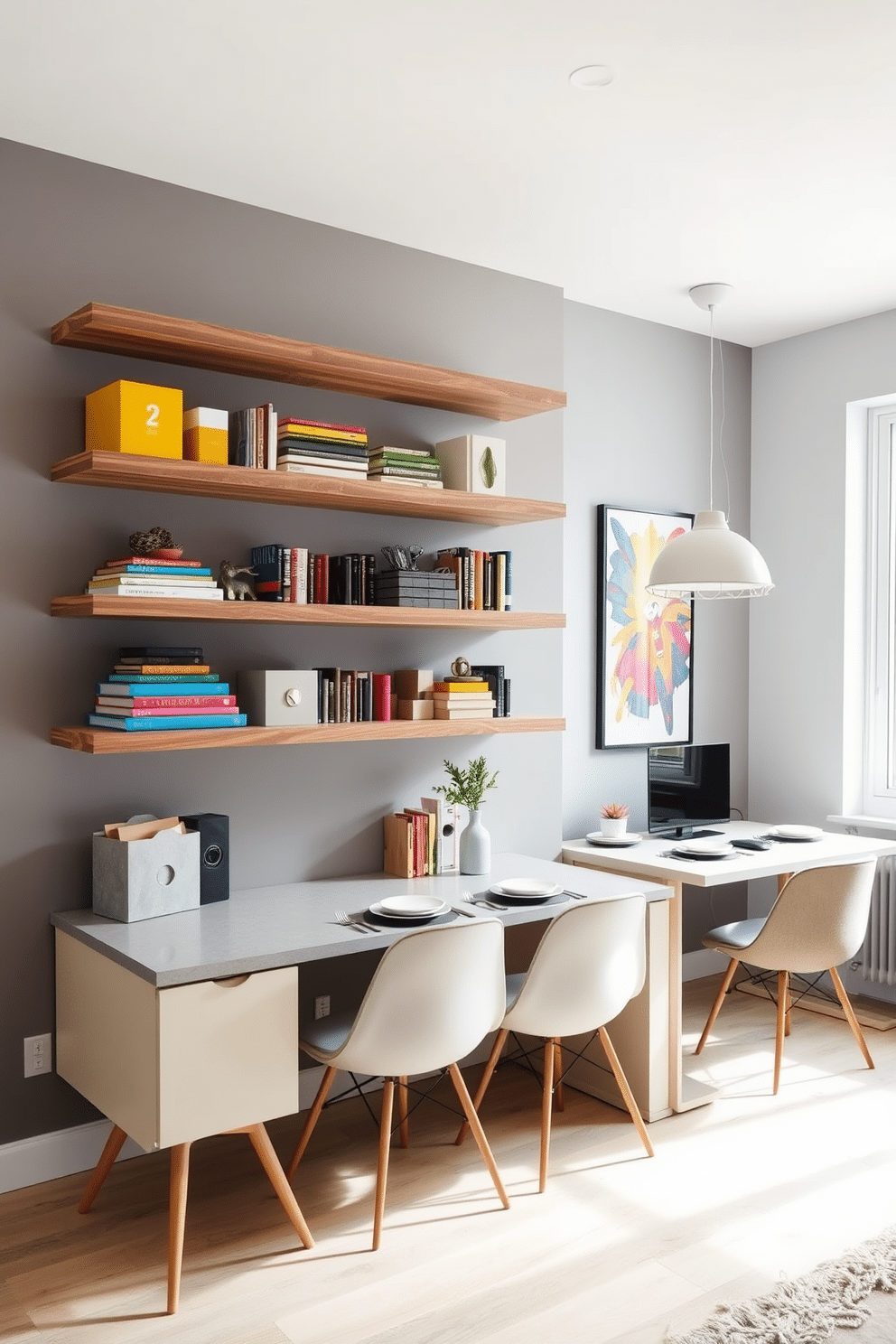 A modern office space featuring sleek wall-mounted shelves made from reclaimed wood, neatly organized with colorful office supplies and decorative items. The walls are painted in a soft gray, complementing a minimalist desk that faces a large window, allowing natural light to illuminate the workspace. Adjacent to the office area, the dining room showcases a stylish table set for four, with contemporary chairs in a muted fabric. A statement pendant light hangs above the table, while a vibrant piece of artwork adorns the wall, creating a seamless blend of functionality and aesthetics in this dining room office combo.