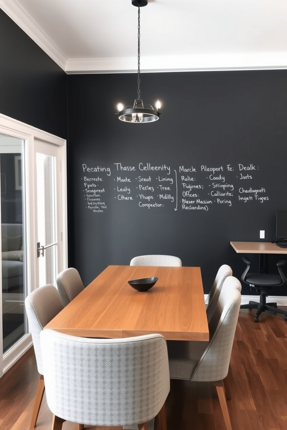 A modern dining room office combo features a sleek chalkboard wall painted in matte black, providing a functional space for notes and reminders. The dining area includes a stylish wooden table surrounded by upholstered chairs, while the office space is equipped with a minimalist desk and ergonomic chair, harmonizing work and dining aesthetics.